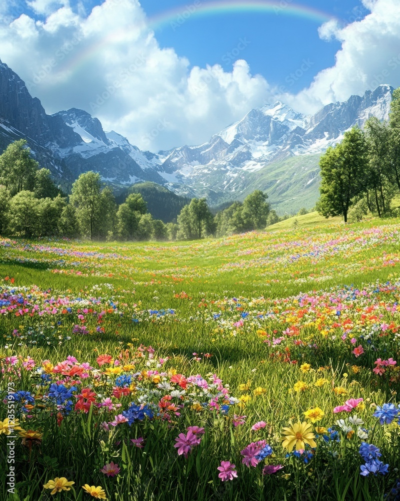 Vibrant flower meadow under a bright rainbow