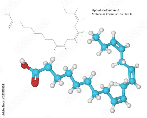 Molecule and chemical formula (on transparent background) of Alpha-Linolenic Omega-3 Fatty acid with neuroprotective properties and health benefits, is found in foods such as fish and vegetable oils