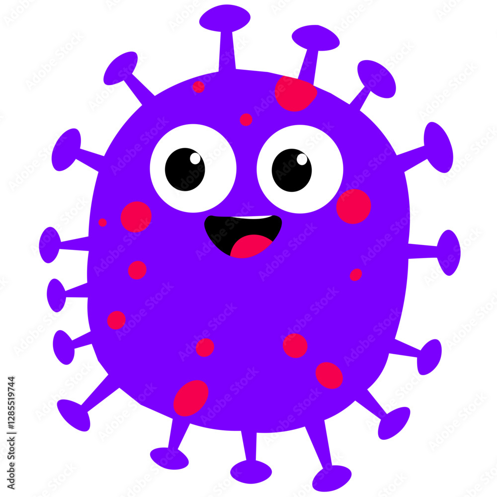 Fototapeta premium Adorable Cartoon Virus Character with Happy Expression - Cute and Friendly Purple Microorganism Illustration with Red Spots for Educational and Health Awareness Purposes