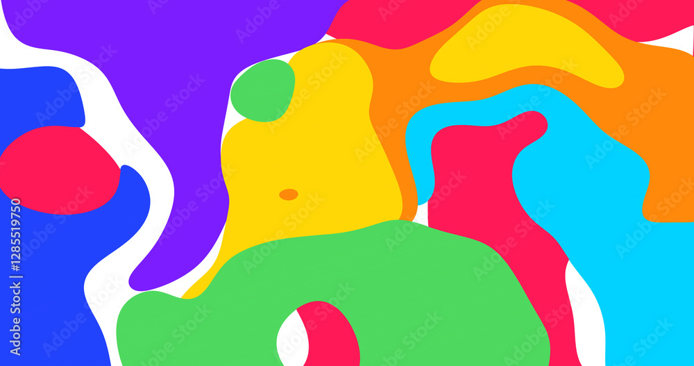 Naklejka premium 4k childish abstract dynamic shapes. Amazing kids bright abstraction. Rainbow multicolor fluid pattern. Happy Birthday banner. Organic moves paint splashes. Shapes curved 2d. Yellow, orange, blue, red