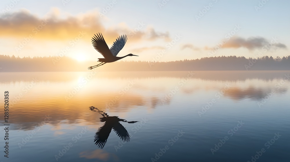 Ethereal silhouette of a celestial crane with paper cut wings soaring gracefully over a tranquil lake Ethereal silhouette of a celestial crane with paper cut wings soaring gracefully over a tranquil lake