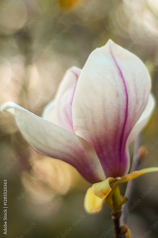 A captivating close-up of a magnolia blossom reveals its elegant petals with a delicate touch of purple. A captivating close-up of a magnolia blossom reveals its elegant petals with a delicate touch of purple.