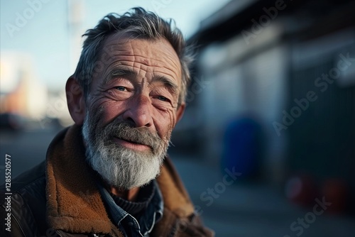 Portrait of an elderly man with a gray beard and mustache on a city street