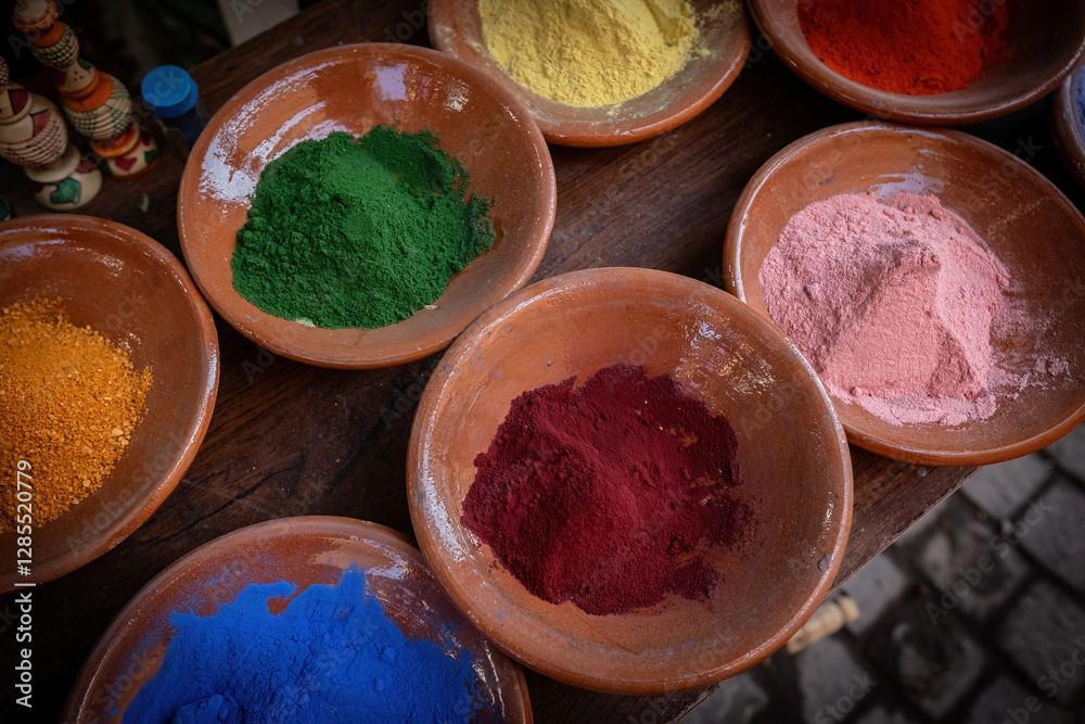 Top view of the colorful powder bawls on the market Holi colors Top view of the colorful powder bawls on the market Holi colors