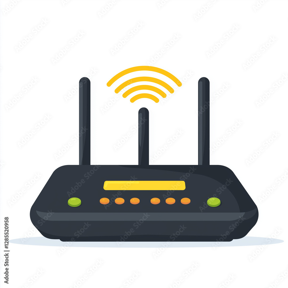Black Wireless Router with Dual Antennas and Wi-Fi Signal Icon Black Wireless Router with Dual Antennas and Wi-Fi Signal Icon