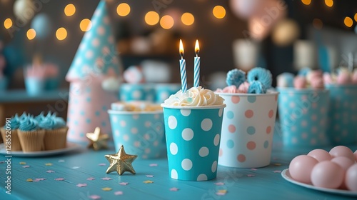 Blue wooden table with birthday party items like ribbon, stars, candles, a hat, confetti, and polka dot cups and plates. photo