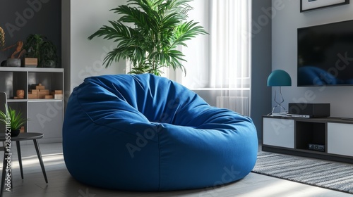 Modern fabric blue bean bag chair in the living room