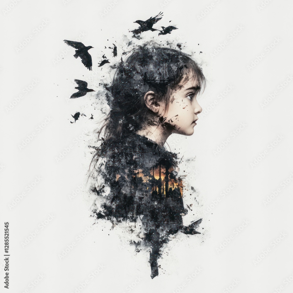 Fototapeta premium Beautiful Watercolor Portrait of a Girl Surrounded by Birds