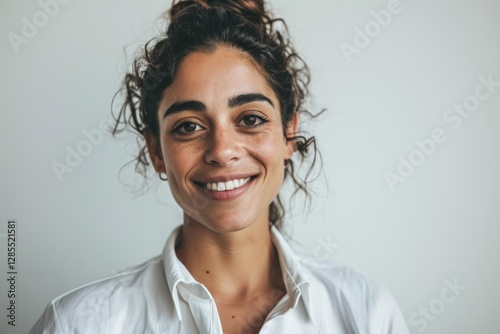 Portrait of a smiling young woman with long curly hair in a white shirt