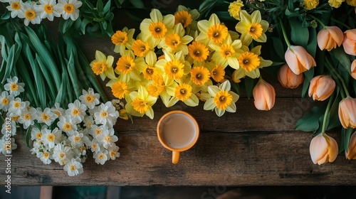 Overhead View of Yellow and Orange Spring Flowers and Coffee Cup on Rustic Wooden Table