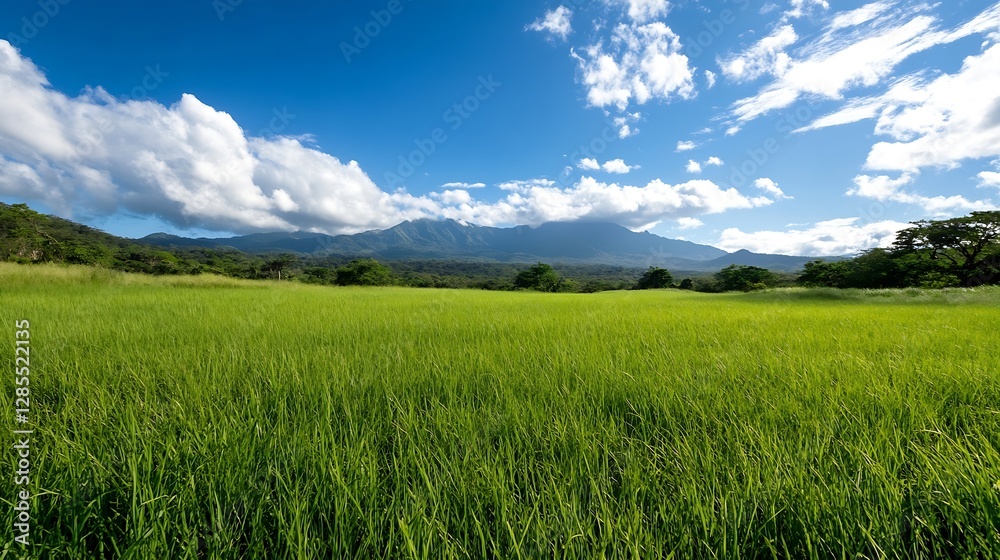 Vibrant Green Rice Field Under Blue Sky with Fluffy Clouds and Mountain Backdrop for Nature Photography : Generative AI Vibrant Green Rice Field Under Blue Sky with Fluffy Clouds and Mountain Backdrop for Nature Photography : Generative AI