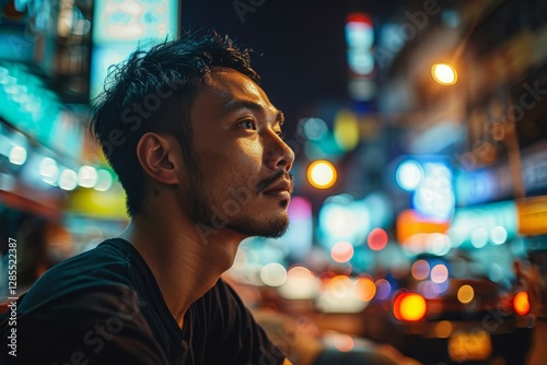Portrait of a young Asian man in the street at night.