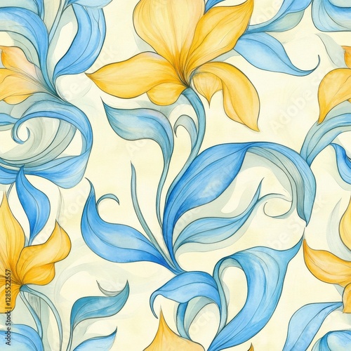 Elegant Floral Pattern with Blue and Yellow Flowers on Soft Background