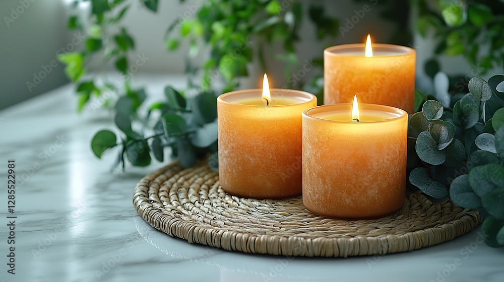 Candles on a rattan serving mat and eucalyptus create a spa like atmosphere on a white marble background. Candles on a rattan serving mat and eucalyptus create a spa like atmosphere on a white marble background.
