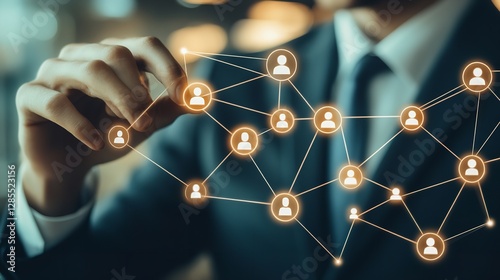 A Businessman Carefully Crafting A Network Of Connections, Building A Strong And Vibrant Community Through Strategic Partnerships, Illuminated By Warm, Soft Light