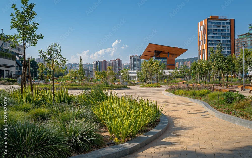 Urban park with walking paths and modern architecture in a sunny cityscape during daytime Urban park with walking paths and modern architecture in a sunny cityscape during daytime