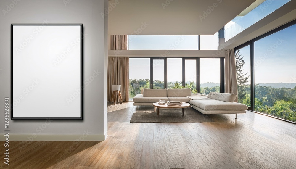 Bright living room interior with empty white poster, panoramic window Bright living room interior with empty white poster, panoramic window