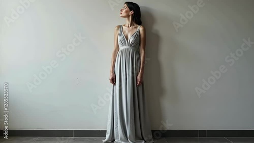 Elegant woman in silver dress posing gracefully against minimalist wall