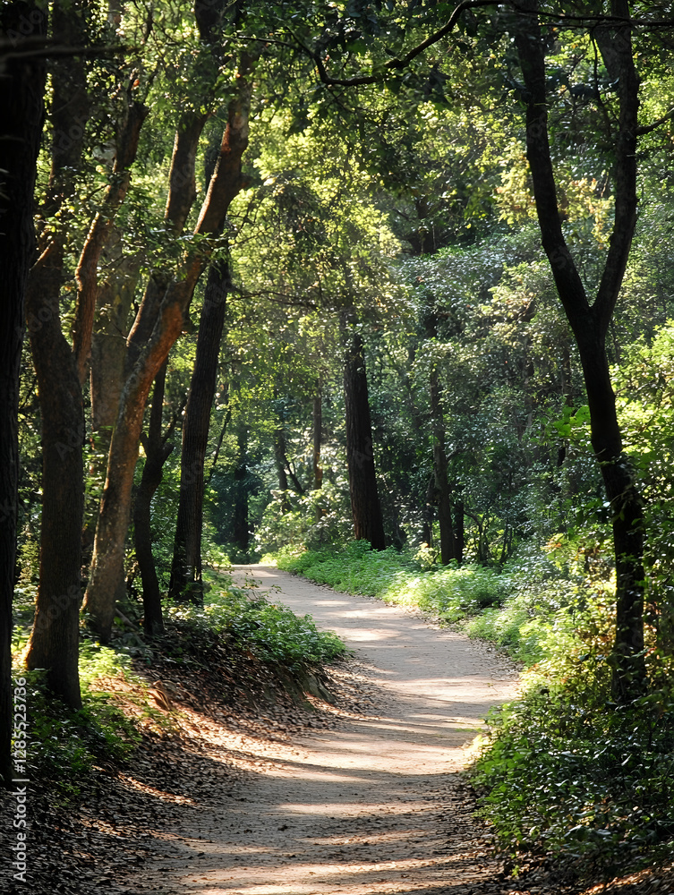 Fototapeta premium Peaceful Forest Path Surrounded by Lush Greenery and Towering Trees : Generative AI