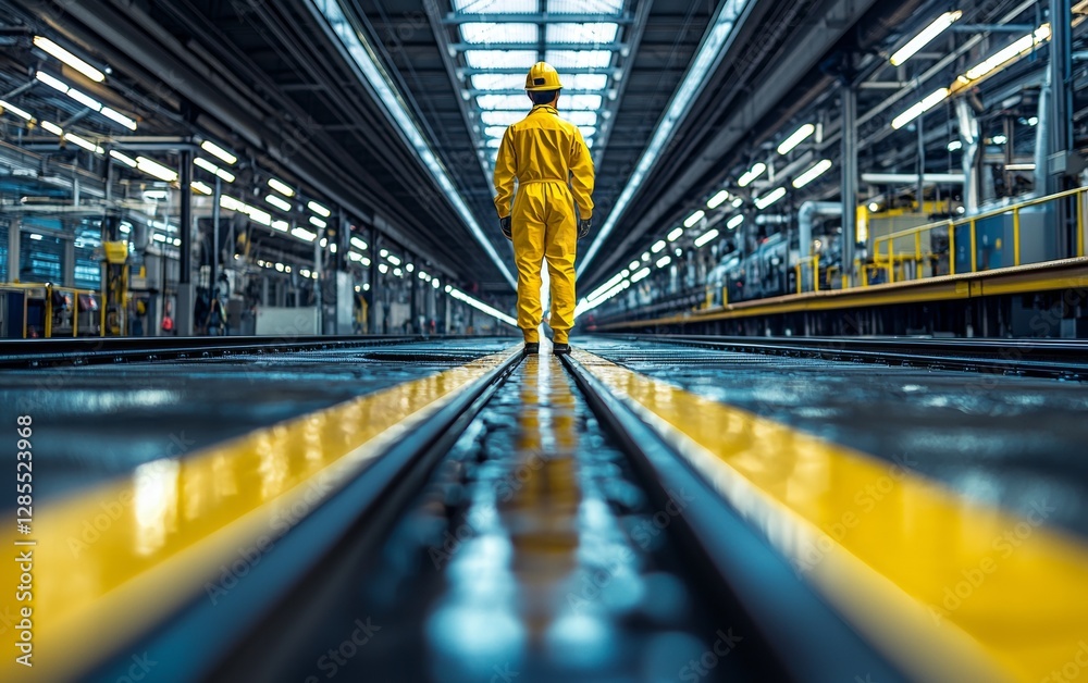 Worker in yellow uniform stands on industrial tracks in a large manufacturing facility during daytime Worker in yellow uniform stands on industrial tracks in a large manufacturing facility during daytime