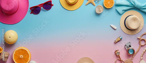 Bright summer aesthetic with colorful hats, sunglasses, and tropical fruit arranged on a vibrant background. Generative AI