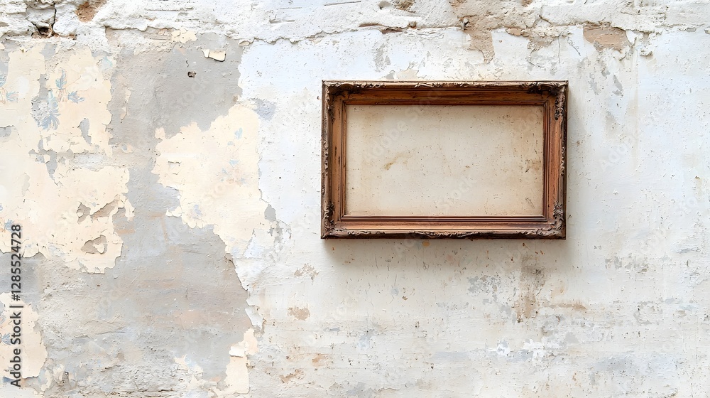 Ornate frame with a weathered gold finish displayed against a faded floral wallpaper background creating a vintage distressed and rustic aesthetic for interior decor or wall art Ornate frame with a weathered gold finish displayed against a faded floral wallpaper background creating a vintage distressed and rustic aesthetic for interior decor or wall art