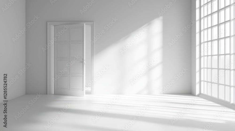 Fototapeta premium Bright Minimalist Room with White Walls and Open Door