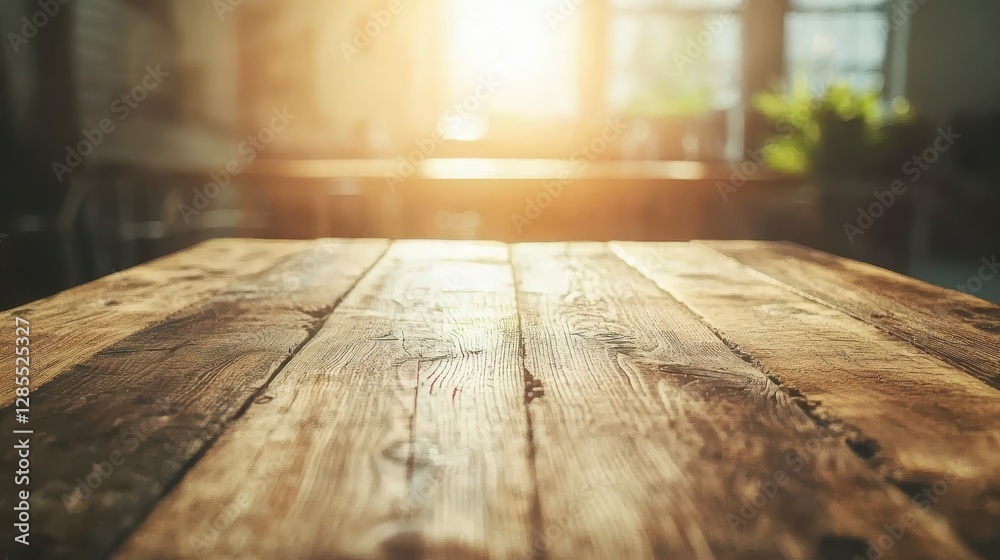 Sunlight Streaming Through Windows onto Rustic Wooden Table Surface Sunlight Streaming Through Windows onto Rustic Wooden Table Surface