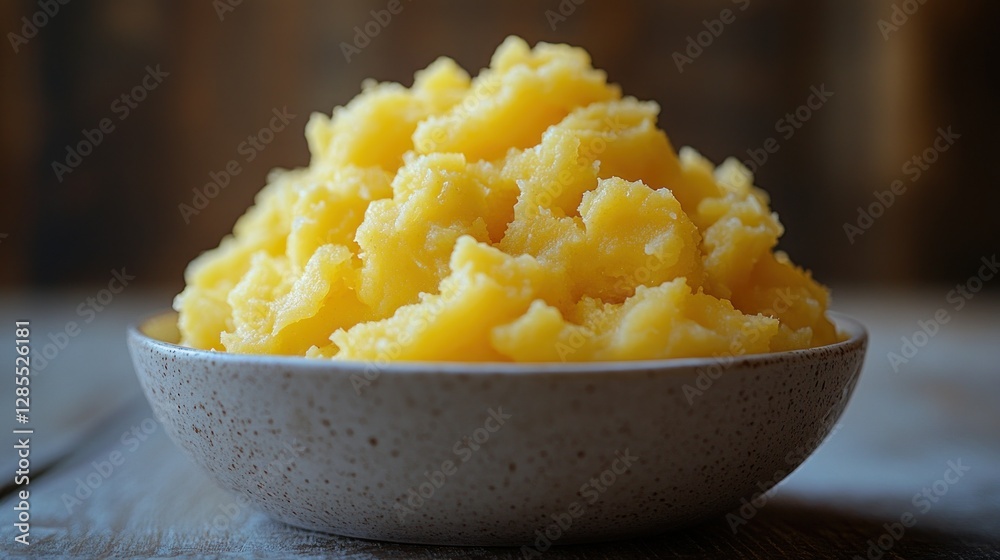 Creamy yellow mashed potatoes in small bowl on wooden table Creamy yellow mashed potatoes in small bowl on wooden table