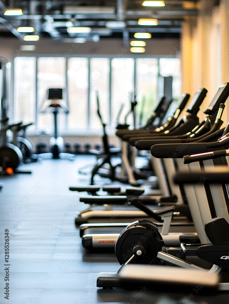 Fototapeta premium Modern Well-Equipped Gym Interior with Row of Treadmills and Workout Equipment : Generative AI