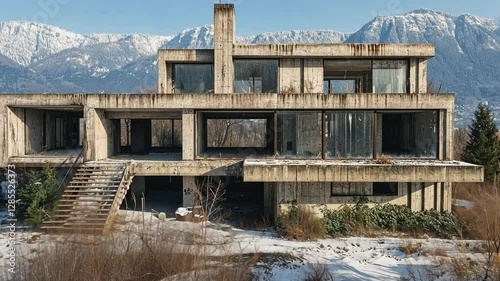 Wallpaper Mural Concrete Mansion in the Mountains: A modern, concrete mansion stands against a backdrop of snow-capped mountains. The architectural marvel offers a stunning contrast with its surroundings. Torontodigital.ca