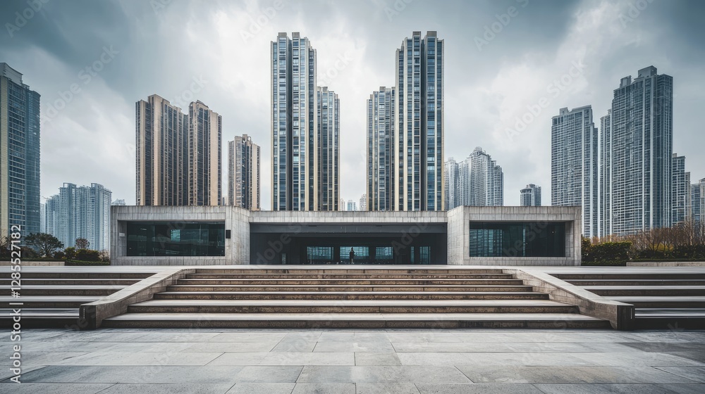 Fototapeta premium Modern Urban Skyscrapers with Dramatic Cloudy Sky Overhead