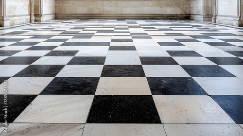 Timeless Checkerboard Flooring Design with Faded Black and White Marble Tiles and Subtle Scuff Marks Capturing a Sophisticated and Elegant Interior Aesthetic