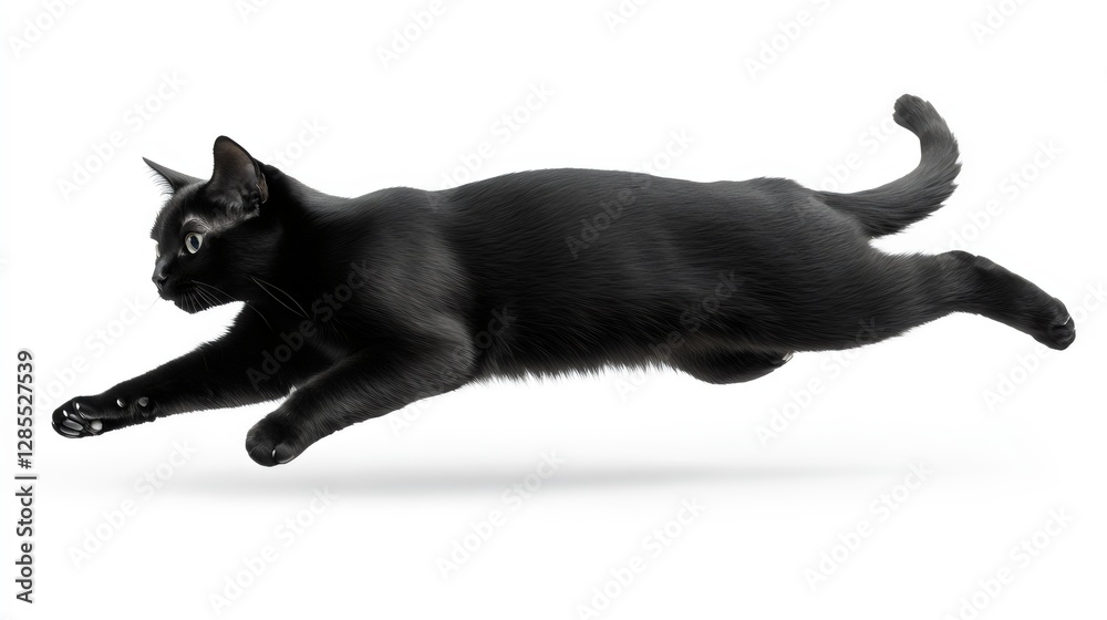 Dynamic Black Cat Leaping Across White Background Showcasing Agility Grace Speed Power Dynamic Black Cat Leaping Across White Background Showcasing Agility Grace Speed Power
