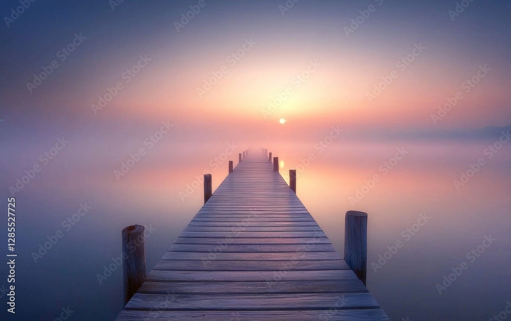 Majestic sunrise over tranquil waters from a wooden dock in early morning fog Majestic sunrise over tranquil waters from a wooden dock in early morning fog