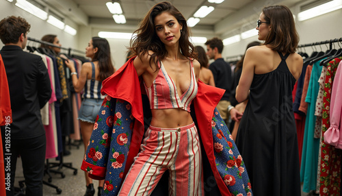 A fashion model adjusts her bold and colorful outfit backstage, preparing for a walk down the runway. The vibrant patterns and dynamic energy represent the creativity of Fashion Week.