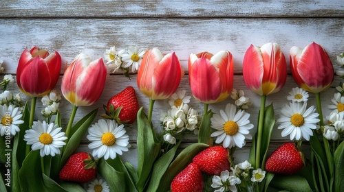 Red Tulips and Strawberries with Daisies on Rustic White Wood