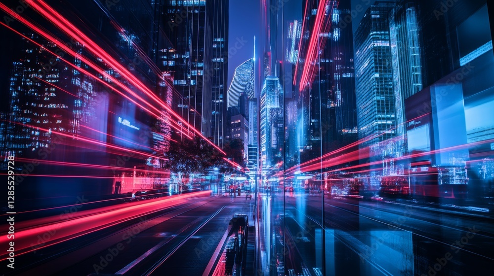 Futuristic cityscape at night with red and blue light trails, motion blur, illuminated skyscrapers, a streetcar on the road, captured with long exposure. Modern urban technology nightlife concept Futuristic cityscape at night with red and blue light trails, motion blur, illuminated skyscrapers, a streetcar on the road, captured with long exposure. Modern urban technology nightlife concept