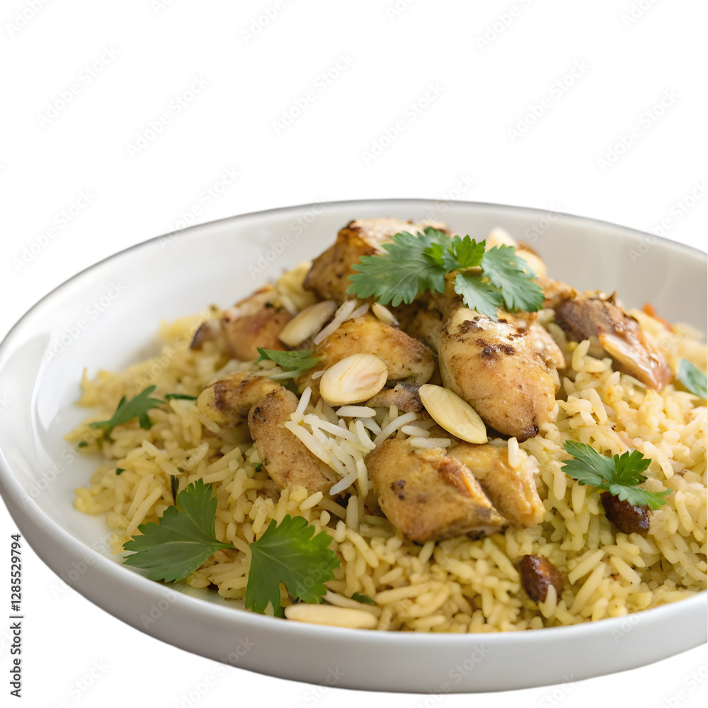 Traditional spicy chicken biryani with chicken pieces on white background Traditional spicy chicken biryani with chicken pieces on white background