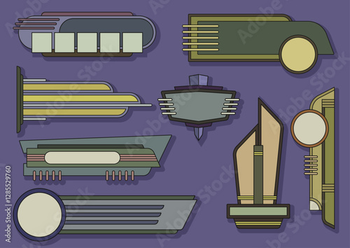 Streamline Moderne and Art Deco Graphic Elements. Retro Signboards, 1920s, 1930s, 1940s Shapes and Graphic Styles. Vector Templates for Posters, Covers, Illustrations