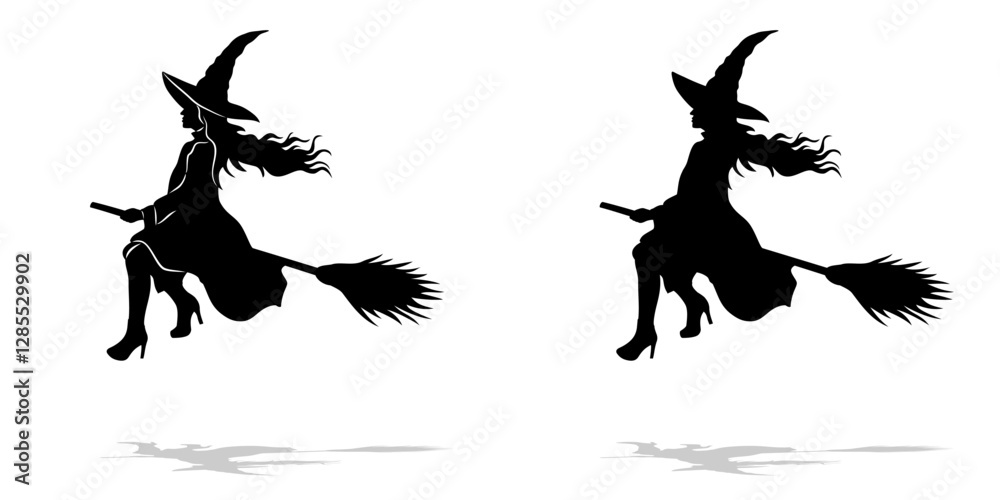 Fototapeta premium isolated silhouette witch on the broom , black and white vector drawing, white background