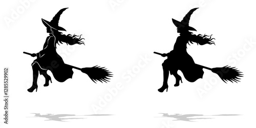 isolated silhouette witch on the broom , black and white vector drawing, white background