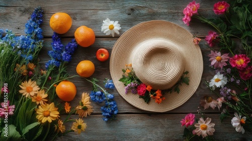 Rustic Summer Still Life with Straw Hat and Flowers