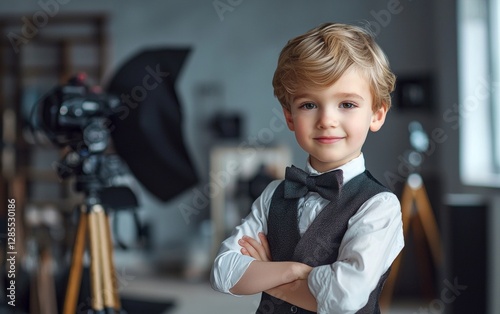 Young boy dressed in formal attire poses confidently for a photography session in a stylish studio