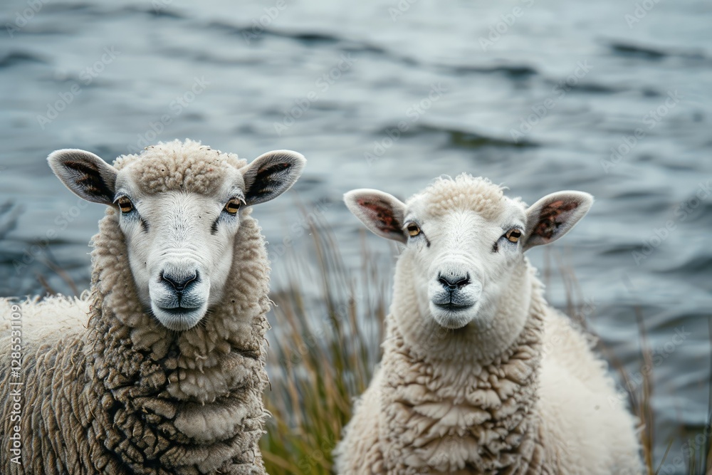 High Quality Picture of Closeup Shot of Two Sheep by the Lake High Quality Picture of Closeup Shot of Two Sheep by the Lake