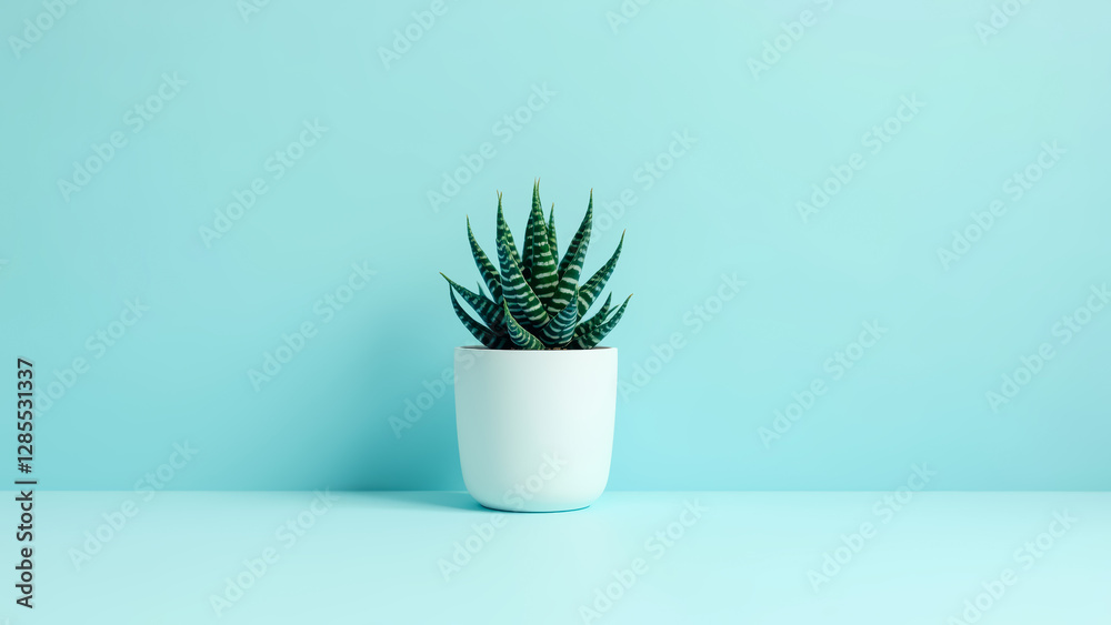 Minimalist Zebra Haworthia Plant in White Pot on Light Blue Background | Modern Home Decor, Succulent Plant, Indoor Gardening, Still Life Photography Minimalist Zebra Haworthia Plant in White Pot on Light Blue Background | Modern Home Decor, Succulent Plant, Indoor Gardening, Still Life Photography
