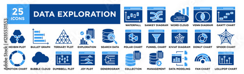 Data Exploration icon collection set. Containing design data, technology, digital, business, research, explore	 photo