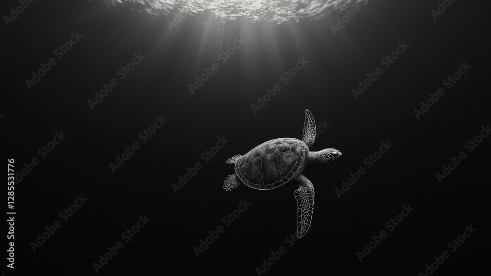 Obraz premium Monochrome Sea Turtle Swimming Upward: Black and White Underwater Ocean Life Photography, Marine Animal Portrait, Sunlight Rays, Aquatic Wildlife Art Print