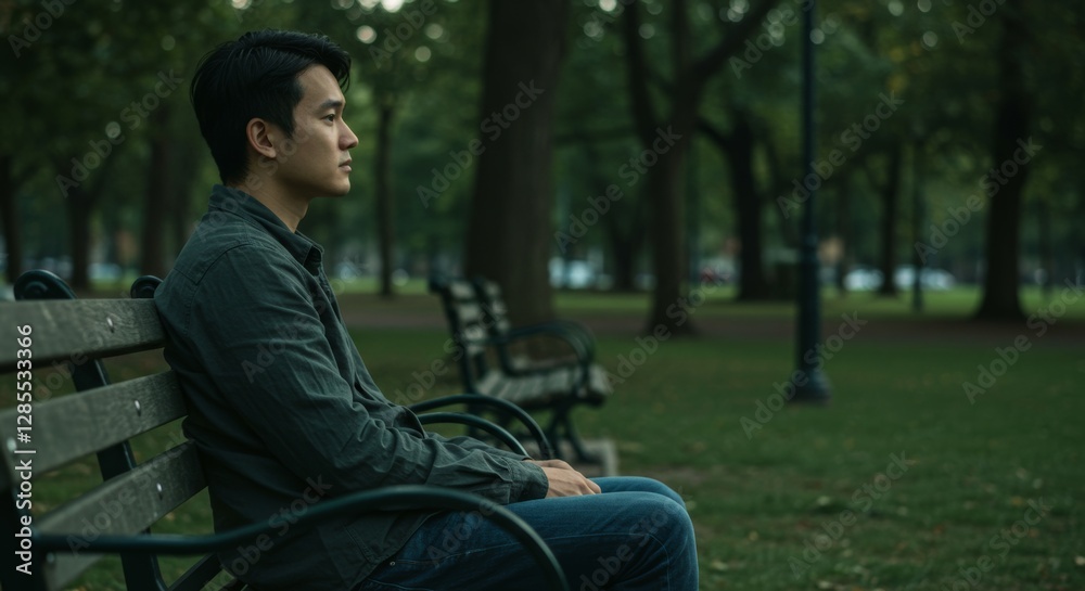 A contemplative man sits alone on a park bench lost in thought and feeling sad A contemplative man sits alone on a park bench lost in thought and feeling sad