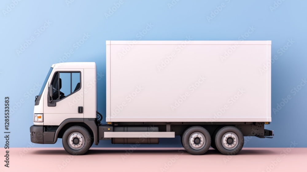 A clean, white delivery truck against a pastel background, showcasing a minimalist design and modern aesthetic. A clean, white delivery truck against a pastel background, showcasing a minimalist design and modern aesthetic.